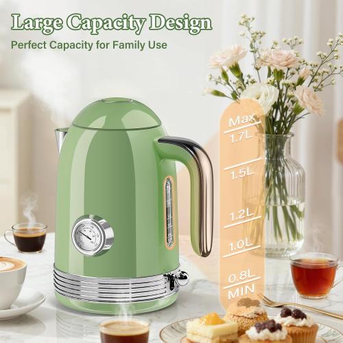 Electric Kettle, 1.7L Tea Kettle with Thermometer, Retro Green