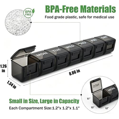 2 Pack Weekly Pill Organizer, Large 7 Day Travel Pill Case (White & Black)