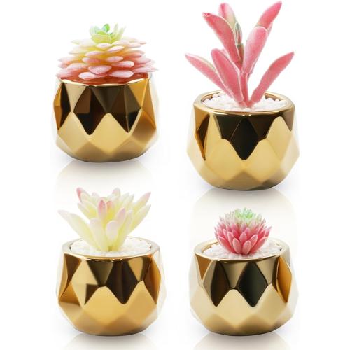 VIVERIE Mini Succulents Plants Artificial in Pots-Pink with Golden Ceramic, Christmas Small Fake Succulents Plants for Home Decor Indoor Christmas Decor for Women, Set of 4, Gifts for Mom