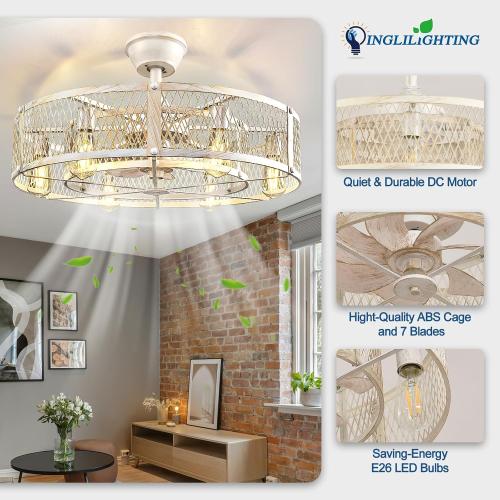 DLLT Caged Ceiling Fan with Lights: 26 Large Bladeless Fandelier with Light and Remote - Cement Industrial Chandelier Fan Light Semi Flush Mount Rustic Enclosed Fans Bedroom Dining Room Kitchen