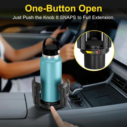 Cup Holder Expander (Adjustable Holder & Base, Auto-Fit Hold, One Button Open), Car Cup Holder Expander for Yeti, Hydro Flask, Nalgene, Owala, Bottles in 2.6- 4.8 (Black,1 Pack)