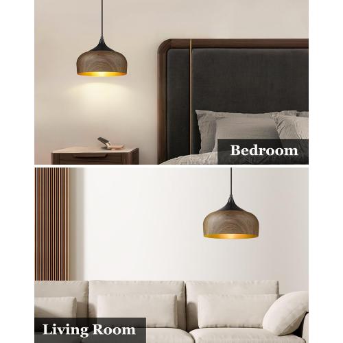 ELYONA Modern Bauhaus Pendant Light Walnut Wooden Pattern Dome Pendant Light Fixture Matte Black Metal Gold Inner Adjustable Hanging Lighting for Kitchen Island Dining Room Office Hallway Bedroom