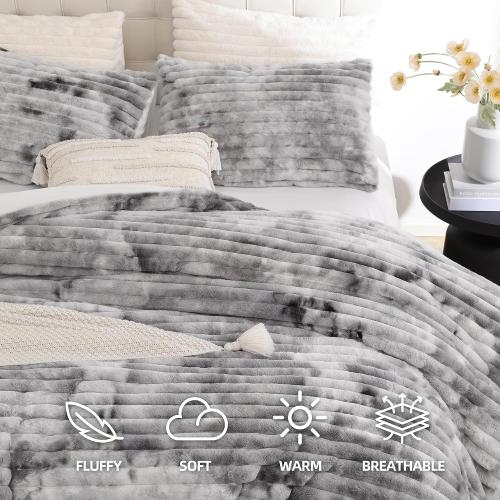 Fluffy King Size Comforter 3 PCS - Tie Dye Grey Fleece Bedding Set