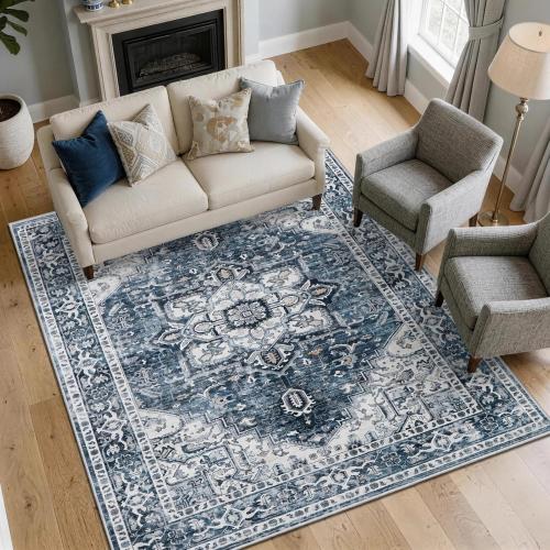 5x7 Washable Vintage Distressed Area Rug Blue Boho Rug Living Room