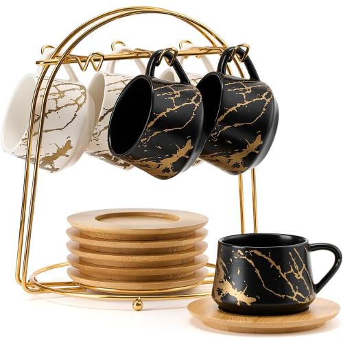 LUKA Ceramic Espresso Cups with Saucers and Metal Stand