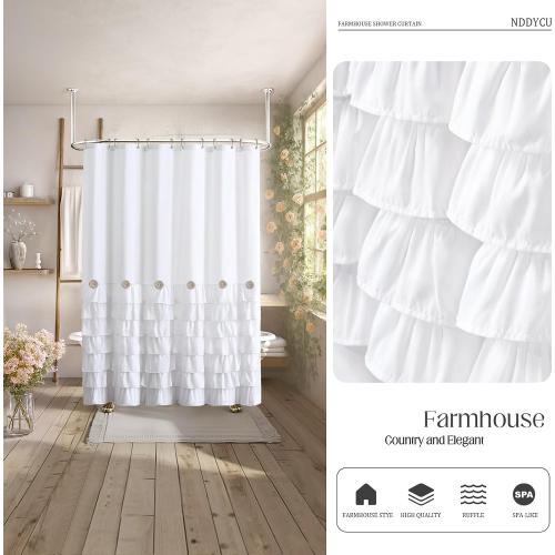 Ruffle Farmhouse Shower Curtain, White Vintage Shower Curtains for Bathroom Fabric Cute Rustic Cloth, 72 W X 72 L Inch