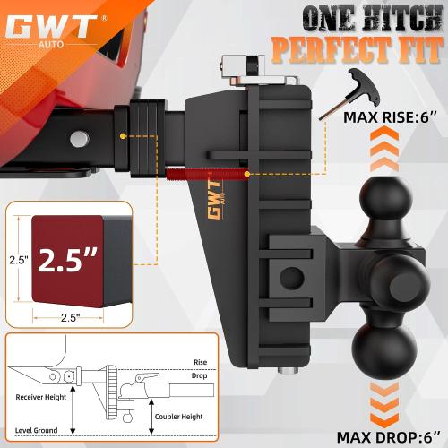 Adjustable Trailer Hitch with Hook, Tri-Ball (1-7/8 x 2 x 2-5/16) Drop Hitch, Fits 2.5-Inch Receiver, 6 Inch Drop Hitch, 18500 LBS GTW-Class 3 Tow Hitch for Heavy Duty Truck, Black