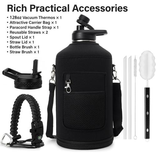 DYSANKY 1 Gallon Insulated Water Bottle with Straw & Portable Carrier Bag Jet Black 128 Ounces