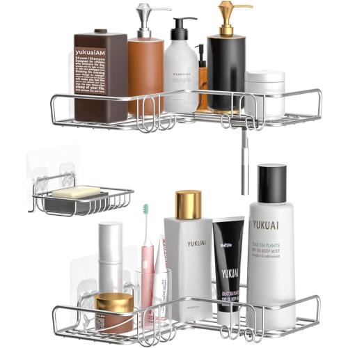 Vdomus Corner Shower Caddy Shelf, No Drilling Traceless Adhesive Rust Proof Stainless Steel Shampoo Holder with Soap Holder, Bathroom Organizer Wall Shelf Basket Rack with Hooks, 3 Pack