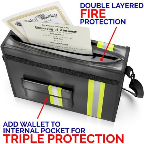 Upgraded Fireproof & Waterproof Document Bag – Lockable 17”x 12”x 5” with Wallet Protector - Reflective to Find Fast at Night – Shield Documents & Valuables from Fire & Water - Firefighter Designed