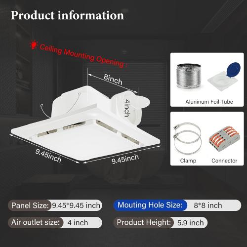 Bathroom Exhaust Fan with LED Light 125 CFM, 9.5 Panel, 0.7 Sone Low Noise，Cutout Size 8x8，Duct 4 Inch Quiet Bath Ceiling Vent Fan Combo with 6500K 1200LM LED Light, for Bathroom, Laundry, Shower