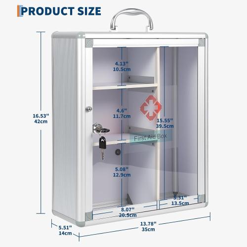 Garvee Large Lockable Medicine Cabinet with Handle,Protable First Aid Cabinet Wall Mount with Sticker for Bathroom,13.78×5.51×16.53,Sliver