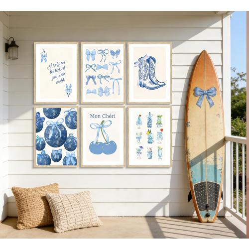 Blue Coquette Preppy Poster Wall Art,6 Pcs Aesthetic Painting Picture Wall Decor,Cowboy Boots Disco Ball Cocktail Cherry Canvas Print Artwork,for Girls Bedroom Dorm Room Home Decoration Unframed