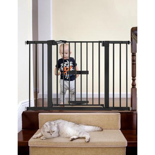BABELIO 29-48 Extra Wide Baby Gate with Cat Door, Auto Close Metal Pet Door for Stairs, Doorways, House, Pressure/Hardware Mounted, Easy Walk Thru, Black