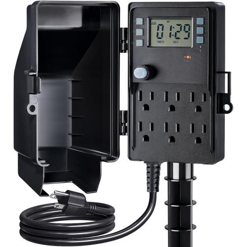 SURAIELEC Outdoor Power Stake, 7-Day Programmable Digital Timer, Power Strip Weatherproof, 6 Multi Plug Electrical Outlet Waterproof, 6FT Extension Cord for Outdoor Light, Outside Halloween Decoration