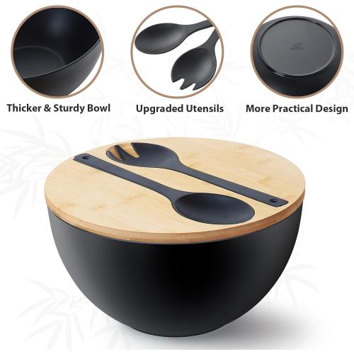 12.6 Extra Large Salad Serving Bowl Set with Wooden Lid&Utensils, 8.4Qt., Bamboo Fiber Salad Bowl with Servers for Kitchen, Big Bowl for Mixing Salad,Fruit,Pasta (Matte Black)