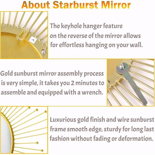 Large Gold Sunburst Mirror - 31 Starburst Wall Mirror with 12 Round Glass, Mid-Century Modern Elegant Gold Sun Mirrors for Living Room, Bedroom, Entryway Decor