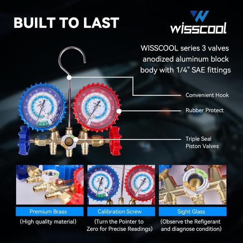WISSCOOL 3-Valve HVAC Manifold Gauge Set for R134a, R22 and R404A