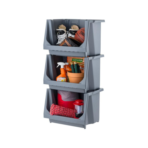 IRIS USA Medium Stackable Storage Bins Open Front, Heavy Duty Garage Organization, Gray 3Pack