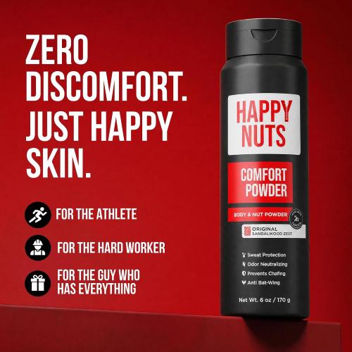 HAPPY NUTS Comfort Powder Deodorant For Men: Anti-Chafing, Sweat and Odor Control for Jock Itch, Aluminum-Free, 6 oz (1 Pack), Original Scent