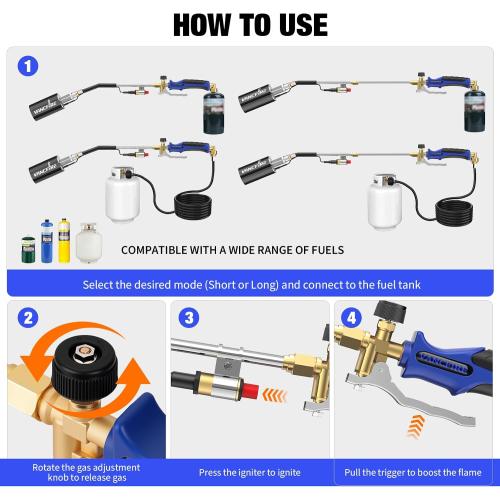 Propane Torch Weed Burner Kit with Storage Bag,35.4 High Output Blow Torch with Long/Short Mode & 12.5FT Hose,Heavy Duty Flamethrower with Turbo Trigger for Weeding,Asphalt Melting,Ice Snow Melting