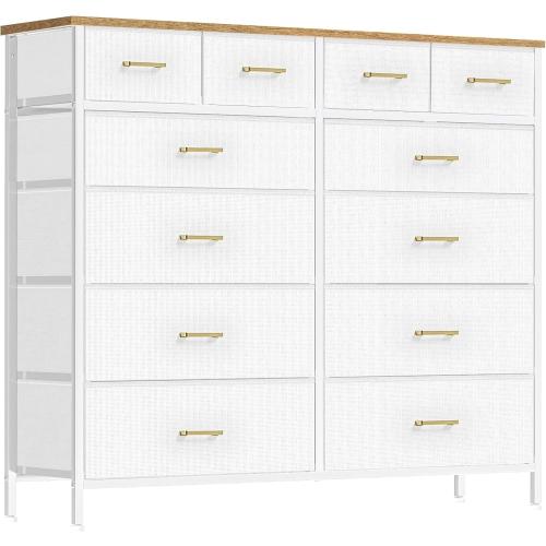 VASICAR White Dresser for Bedroom with 12 Deep Drawers, Wide Chest of Drawers, 55 TV Stand with Retro Wood Top, Tall Fabric Dresser for Closet, Nursery