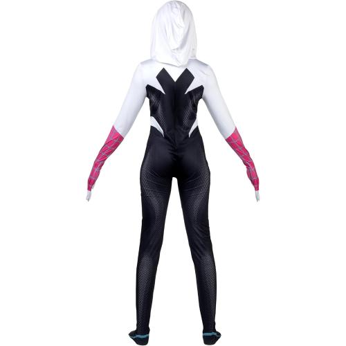 Size M MARVEL Spider-Gwen Official Adult Zentai Halloween Costume - Hooded Spandex Jumpsuit with Printed Design and Pull On Mask