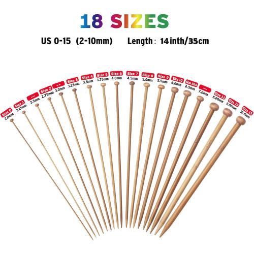 Bamboo Knitting Needles Set, Wooden Knitting Needles for Beginners, 18 Pairs US Size 0-15 (2.0-10.0mm) 14 Inch Long Straight Wood Knit Needle Single Point for Sweaters, Socks, Shawl and Scarf