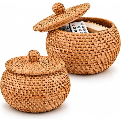 2 Pack Handwoven Round Rattan Storage Baskets with Lids, Small Decorative