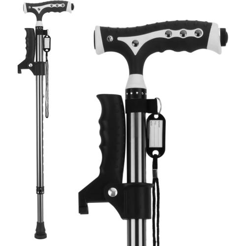 Hold 440 Lbs Walking Cane for Men & Women Aluminum Alloy Lightweight Height Adjustable Walking Stick Heavy Duty Foldbale Free Standing Cane with LED for Seniors Adults