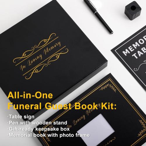 Funeral Guest Book for Memorial Service, Hardcover Funeral Sign in Book for Guests, Celebration of Life Decor with Pen and Sign, in Loving Memory Book Sympathy Gift Box-Black
