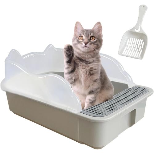 kathson Open Small Cat Litter Box with High Side,Anti-Splashing Kitten Litter Pan,Semi-Enclosed Removable Kitty Cat Toilet with Litter Sifting Scoop for Boxes Easy to Clean No Odor-Grey