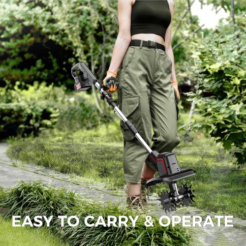 Cordless Tiller Cultivator 9 Width 6.6 Depth, 2×4.0Ah Batteries | 48 Steel Tines, 360RPM, Lightweight Battery Powered Small Garden Rototiller for Lawn Gardening Soil Cultivation