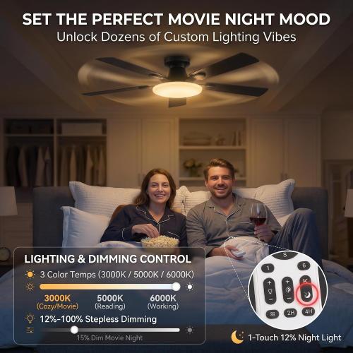 LEDIARY 52 Inch Flush Mount Ceiling Fans with Lights, Remote & APP Control