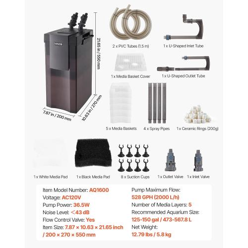VEVOR 528GPH Canister Filter, 5-Stage External Aquarium Filter with Powerful Pump, Water Circulation Cleaning Machine with Media for Large Fish Tanks and Aquariums Up to 150 Gallons, for Freshwater