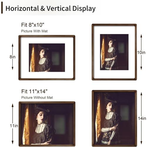 11x14 Picture Frame Natural Walnut Wood with Mat for 8x10, Original Natural Solid Wood 11 by 14 Photo Frames with Tempered Glass Cover for Wall and Tabletop Display