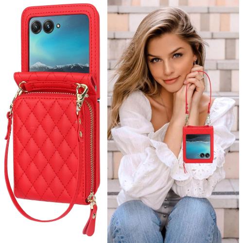 Asuwish Phone Case for Motorola Razr Plus 2023/Moto Razr 40 Ultra Wallet Crossbody Lanyard Strap & Kickstand Hinge Protection Heavy Duty Matte Hard Card Holder Cover Razr    5G XT2321-3 Women Men Red