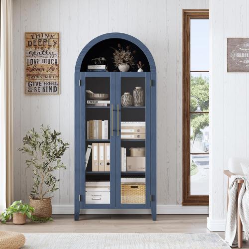 The glass panes are missing ‼️GarveeHome Arched Kitchen Pantry Cabinet - Farmhouse 5 Tier Display Shelf with Adjustable Shelf and 2 Large Glass Doors, Versatile Storage Cupboard for Kitchen, Dining Room, Living Room, Night Blue
