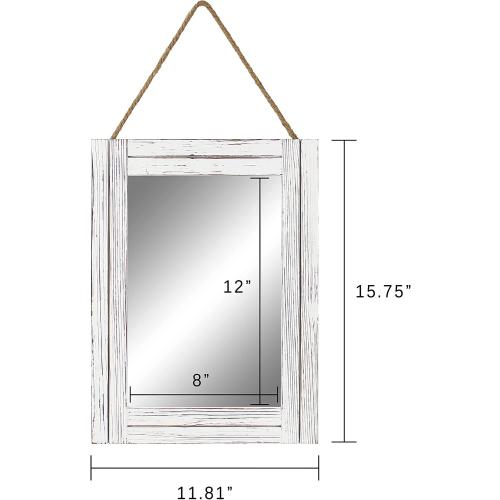 16 X 12 Inch Rustic Wood Framed Wall Mirror with Hanging Rope for Farmhouse Decor, for Entryway, Bedroom, Bathroom, Dresser, Wash White