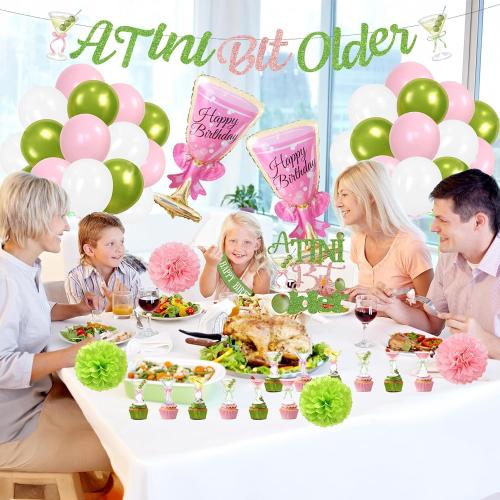 A Tini Bit Older Birthday Decorations, Green Pink Glitter A Tiny Bit Older Birthday Decorations Include Banner, Balloons, tablecolth, Cake Topper for Girls Martini Bachelorette Party Supplies