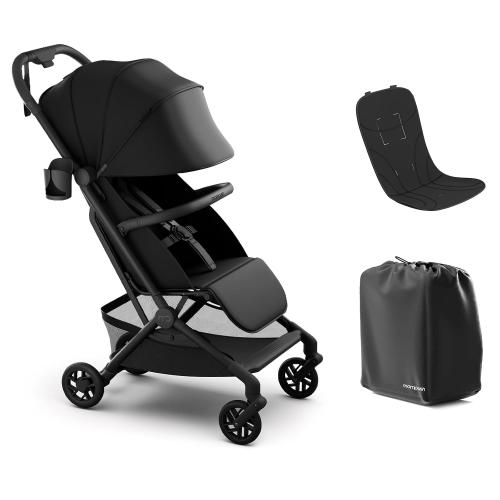 (No storage bag) Mompush Velo Lightweight Travel Stroller, Compact & Airplane-Friendly for Baby and Toddler, Lie-Flat Seat, One-Hand Fold, with Leather Bumper Bar, Shoulder Strap, Raincover, Storage Bag & Cup Holder