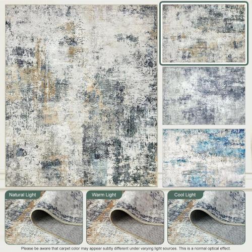 Washable Area Rugs for Living Room 9x12 - Large Neutral Modern Abstract Rug, Soft Low Pile Carpet with Non Slip Backing for Under Dining Room Table, Bedroom, Home, Office, Dorm - Green Yellow