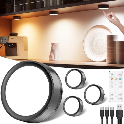 Radar Motion Sensor Puck Lights with Remote, 2400mAh Rechargeable Wireless Under Cabinet Lighting for Kitchen, 4 Packs, 3CCT