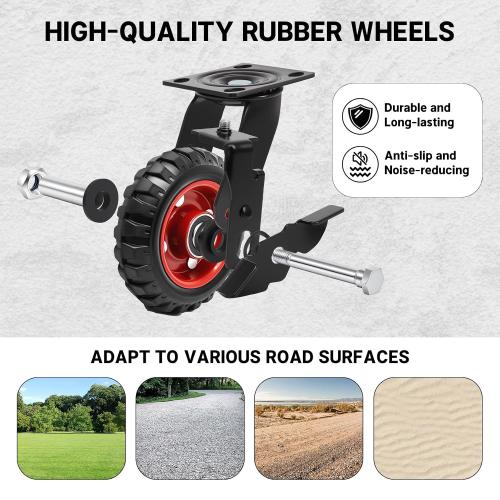 5 Inch Outdoor Heavy Duty Casters Wheels Set of 4, Sturdy Large Rubber Casters with Brake, Industrial Grade Plate Swivel Castors 1080 LBS with Knobby Tread for Workbench, Cart, Chicken Coop