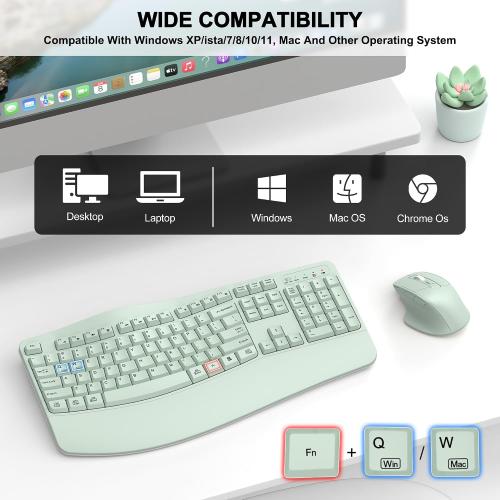 Wireless Keyboard and Mouse Combo, 2.4G Ergonomic Wave Key(Avocado Green)