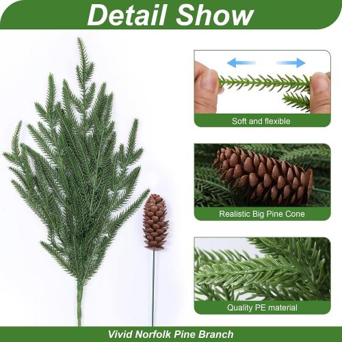Artificial Christmas Norfolk Pine Stems Branches for Vases,12 Bundles Faux Pine Branches with 5 PCS Big Fake Pinecones Stems Greenery Evergreen Real Touch for Holiday Winter Table Xmas Decor