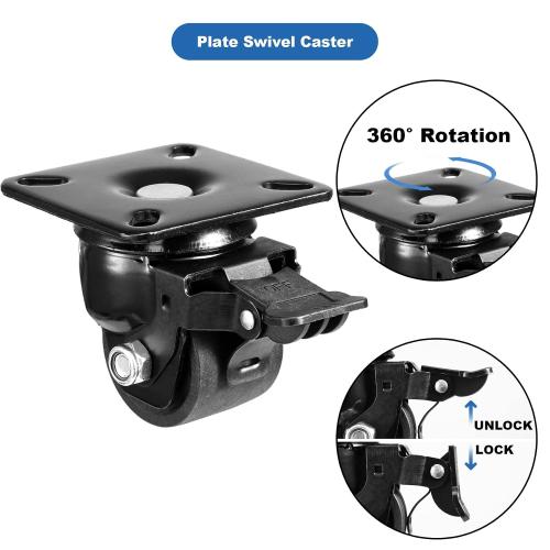 W B D WEIBIDA 2-inch Plate Swivel Caster Wheels Set of 4 Heavy Duty, Load Capacity 2200lbs, Low Gravity Center Black Extra Width Caster with Brake, Durable & Quiet & Sturdy Nylon Wheels for Industrial