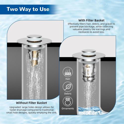 Hibbent Upgraded 3 in 1 Bathroom Sink Drain Strainer, Pop Up Stopper