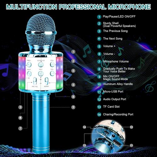 ShinePick Karaoke Microphone, 4 in 1 Wireless Microphone with LED Lights Handheld Portable Karaoke Machine, Home KTV Player, Compatible with Android & iOS Devices(Blue)