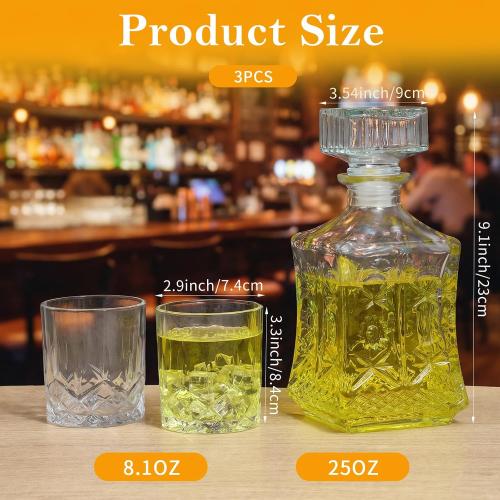 Whiskey Decanter Set with 2 Whiskey Glasses, Glass Liquor Decanter Set, Crystal Decanters Sets for Tequila, Bourbon, Brandy and Vodka, Ideal Gift for Men Home Bar Decor, 25oz